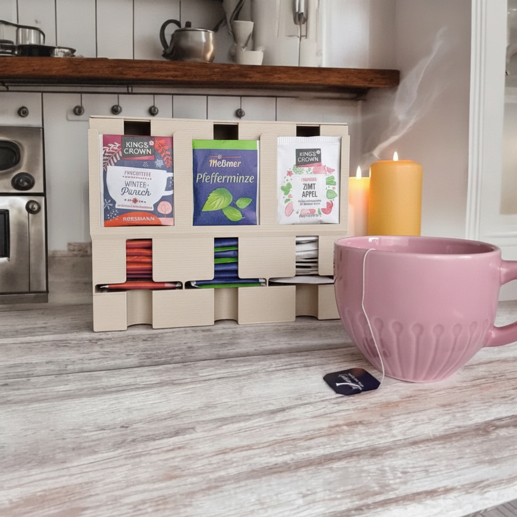 Moderne Thee Organizer & Dispenser in PLA Matte Woestijnbeige