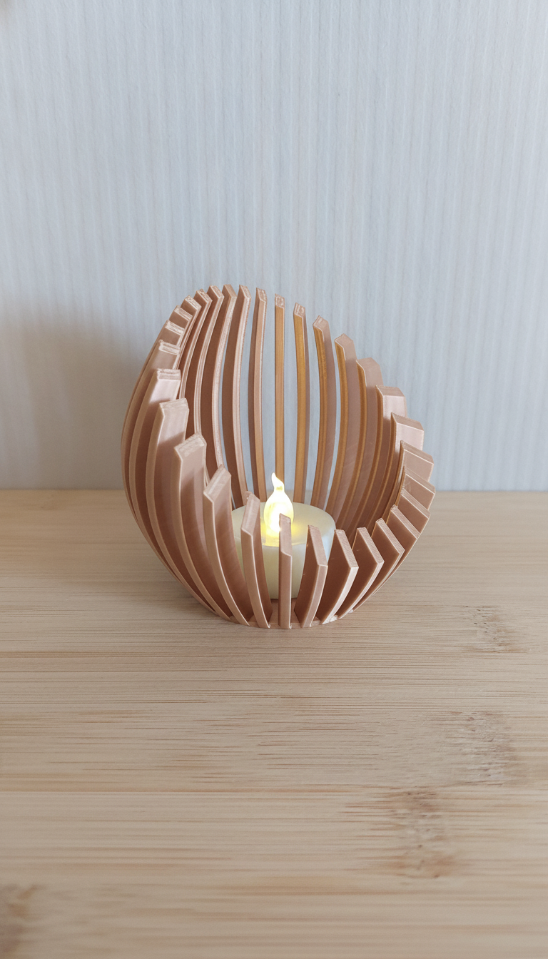 Gebogen Lamellen Theelichthouder in PLA Matte Latte Brown